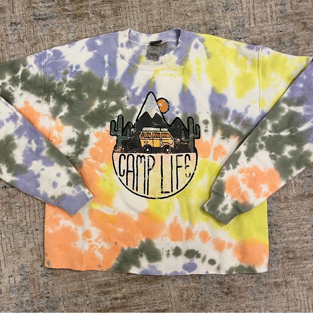 Girls Tie Dye Crewneck with Cut Bottom and Summer Camp Design